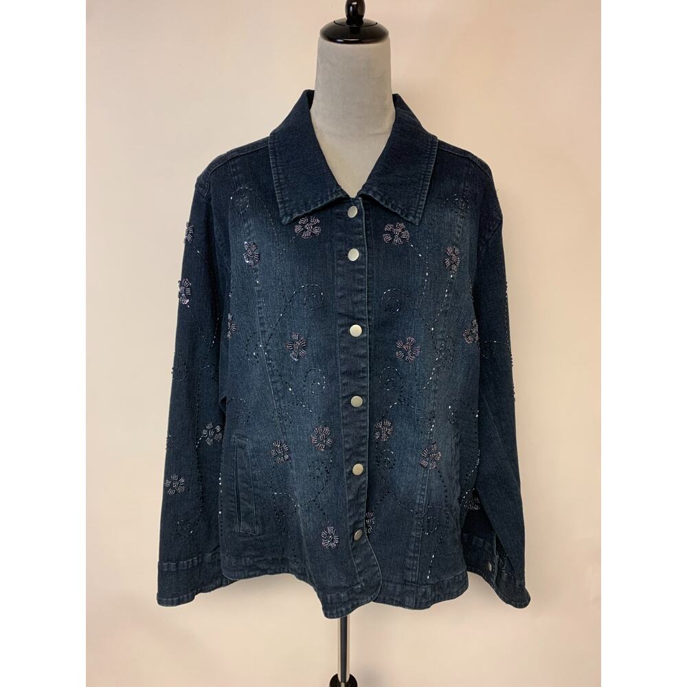 Flashback Denim Jacket Blue Floral Beads Sequins 90s Womens SZ L/XL
